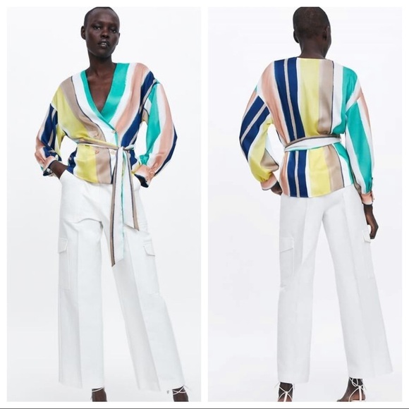 NWT. Zara Striped Wrap Blouse. Size S. - Picture 1 of 8